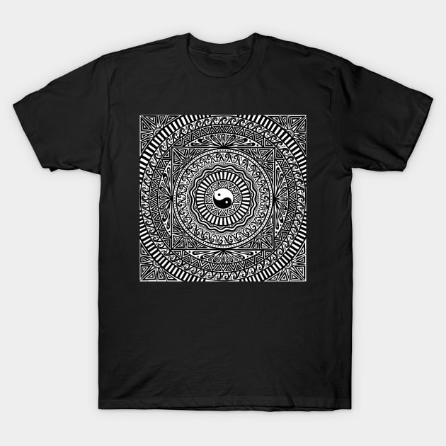 Black and White Yin Yang Mandala T-Shirt by SoozieWray